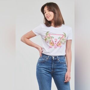 New GUESS TRIANGLE FLOWERS TEE - Cream White Rhinestones
